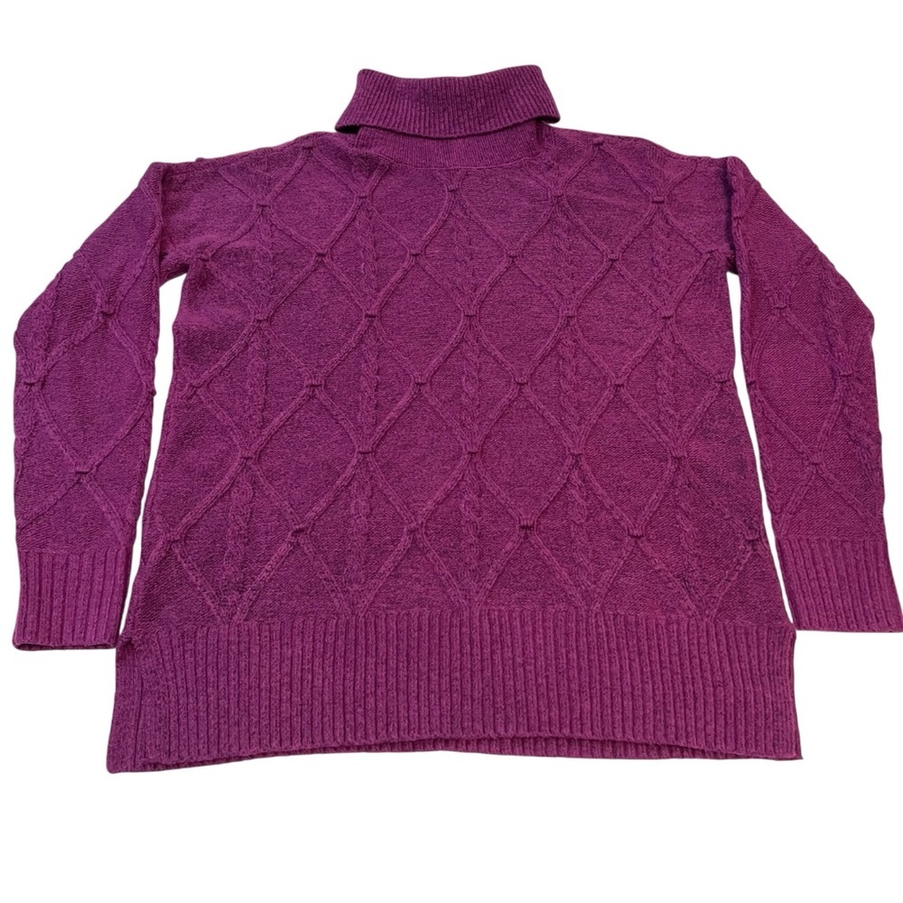 LOFT Women's Sweater Medium‎ Purple Diamond Cable Knit Turtleneck Pullover